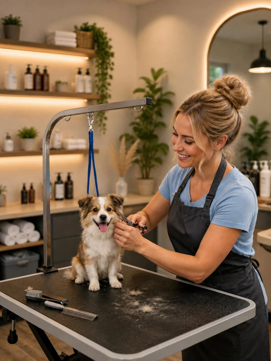 Groomer arbeitet am Hund, während ConciergeBeauty Anrufe und Termine im Hintergrund übernimmt