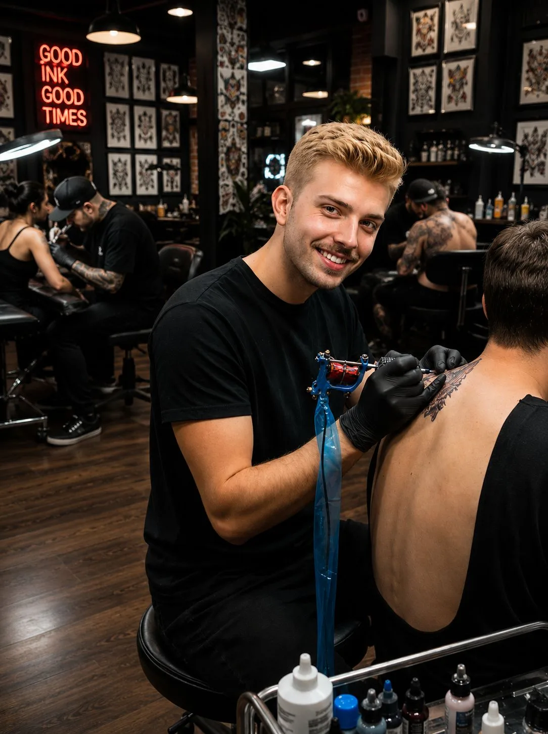 Tattoo-Artist arbeitet am Kunden, während ConciergeBeauty Anfragen und Termine im Hintergrund übernimmt